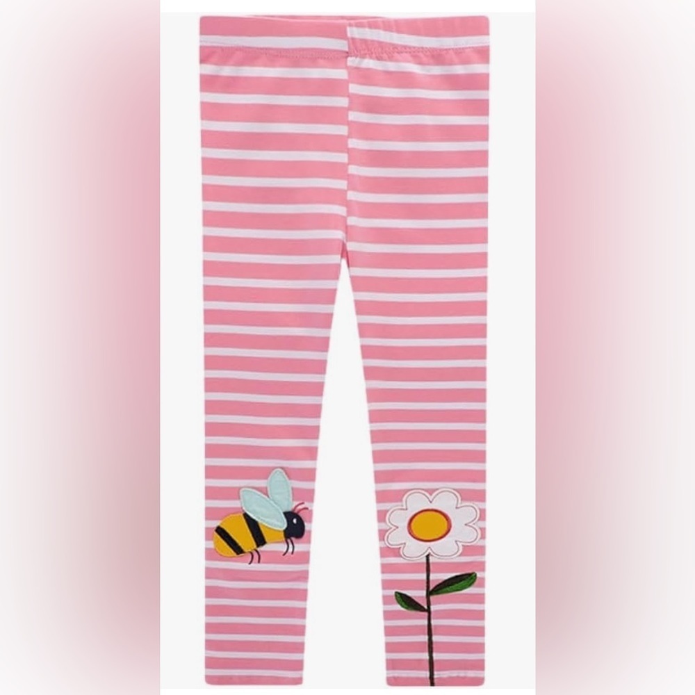 PatPat - NEW - Bee & Flower Appliqué Striped Leggings. Size 5-6
